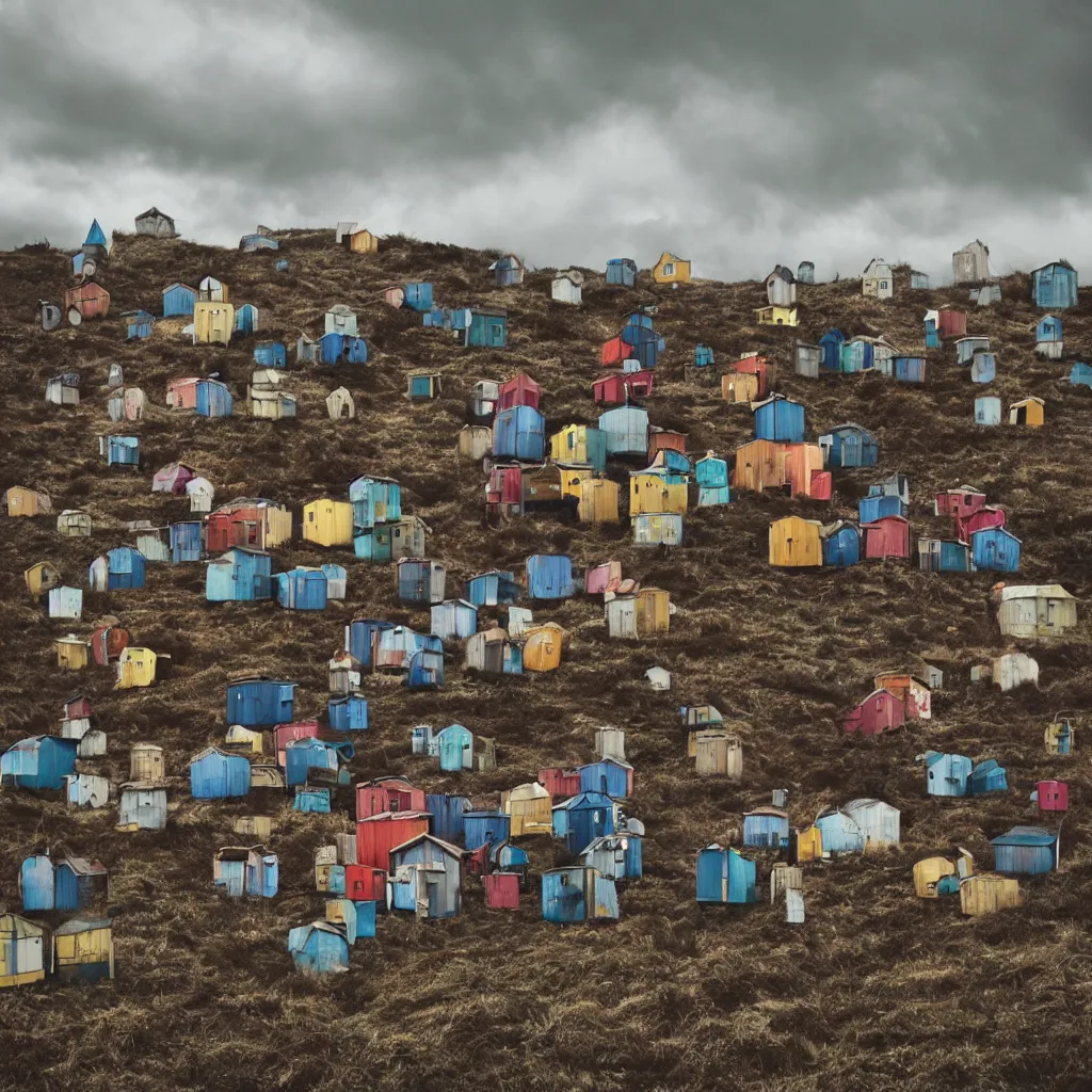 Image similar to towers made up of colourful makeshift squatter shacks, bleached colours, moody cloudy sky, dystopia, mamiya, very detailed, photographed by cristina de middel