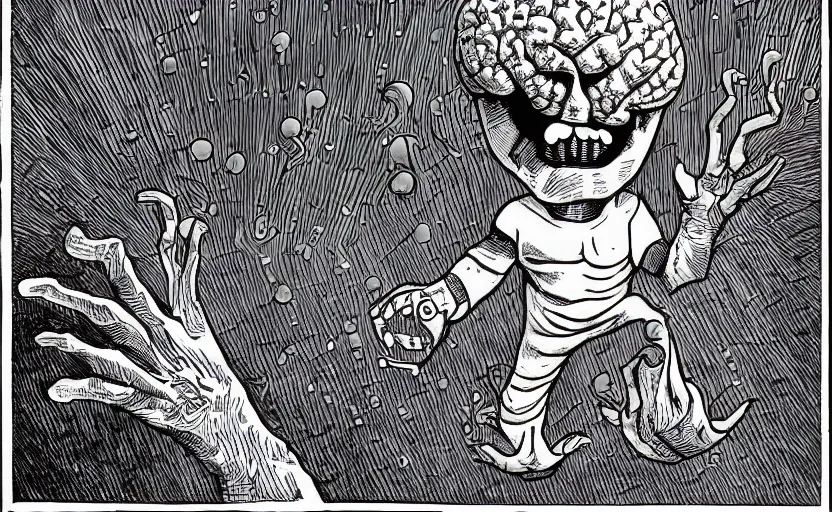 Prompt: a creature made of a giant brain with a smug face which walks on little stumpy limbs, it has a piercing gaze, comic book illustration, final boss