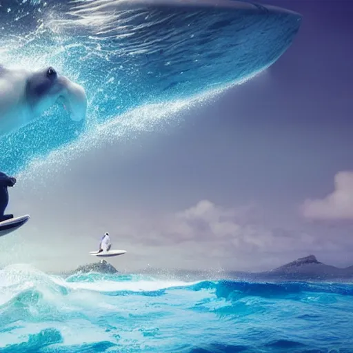 Prompt: hippopotamus on a surfboard, surfing bright blue waves of an ocean off hawaii, digital art, octane render, imax, trending on artstation, dark mood