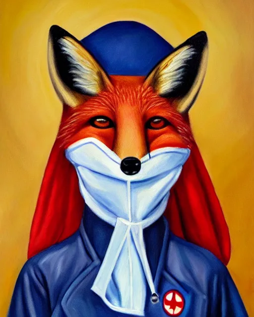 Image similar to oil painting portrait of anthropomorphic female fox animal dressed in labcoat, surgical mask covering mouth, red eyes, fox animal, hospital in background, oil painting,