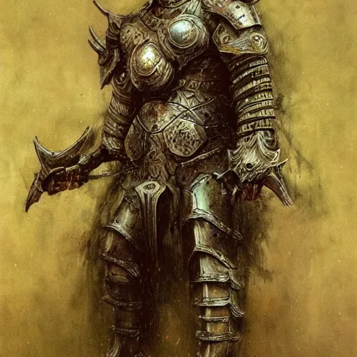 Image similar to were lion warrior concept art, lion headed, armored arms, armored legs, wearing ancient armor, beksinski