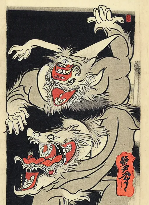 Image similar to a werewolf as a yokai illustrated by kawanabe kyosai and toriyama sekien