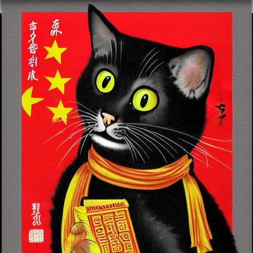 Prompt: picture of a cat on a chinese maoist propaganda poster