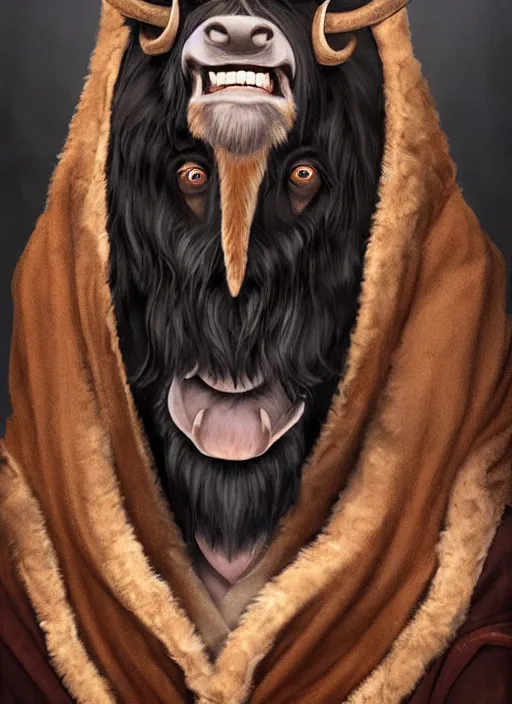 Image similar to a black haired young tauren with stubble, short hair, wearing brown robes, smiling, close up, portrait style, wisdom, photographic print, artgerm, hyper - realistic