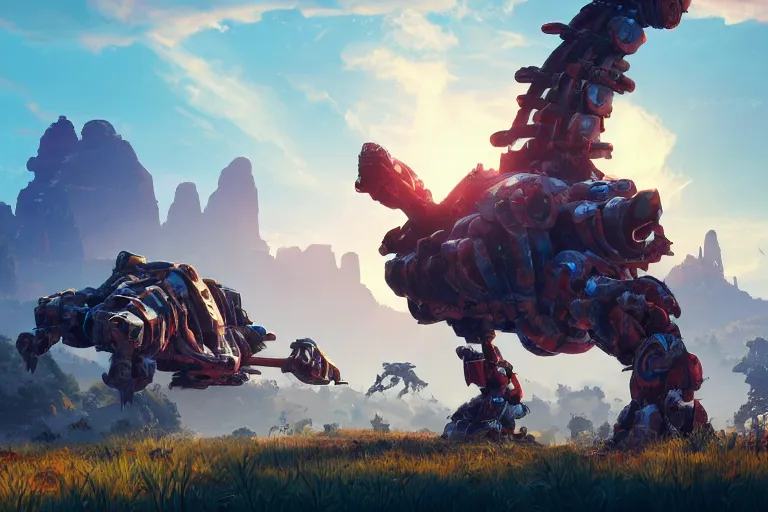 Image similar to shell - walker machine mecanical creature robot of horizon forbidden west horizon zero dawn radiating a glowing aura global illumination ray tracing hdr fanart arstation by ian pesty and alena aenami artworks in 4 k