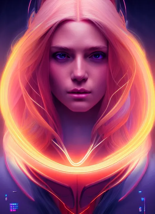 Image similar to symmetry!! portrait of woman with long flaming blonde hair, sci - fi, tech wear, glowing lights!! intricate, elegant, highly detailed, digital painting, artstation, concept art, smooth, sharp focus, illustration, art by artgerm and greg rutkowski and alphonse mucha, 8 k