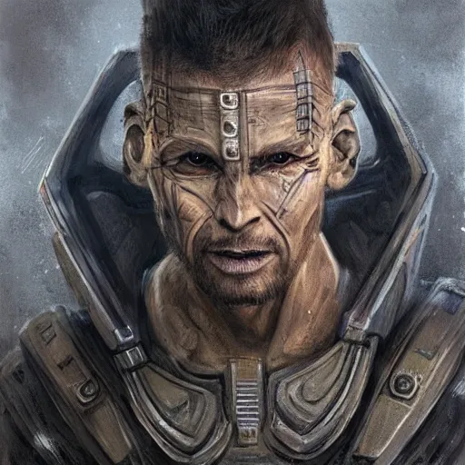 Prompt: Portrait of an alien man by Greg Rutkowski, hard predatory look pointed ears, prominent jaw and visible fangs, wearing a futuristic space tactical gear that looks like a mix between the samurai, viking and templar aesthetics, mix between tribal and hi-tech, highly detailed portrait, scifi, space opera, digital painting, artstation, concept art, smooth, sharp foccus ilustration, Artstation HQ