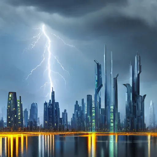 Image similar to Wide shot of colossal futuristic megacity towering across the landscape, thunder storm, Ralph McQuarrie, EOS-1D, f/16, ISO 200, 1/160s, 8K