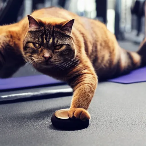 Prompt: a very fat cat doing exercises at the gym, photorealistic, hd