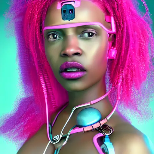 Prompt: portrait of a beautiful caribbean woman with pink hair as a cyberpunk cyborg half robot, revealing wires and electronics, circuit boards, wire management, sci - fi, missing panels, intricate abstract upper body intricate artwork, concept art, octane render, deviantart, cinematic, key art, hyperrealism, iridescent accents, portrait photograph, nikon 3 5 mm, photograph by greg rutkowski