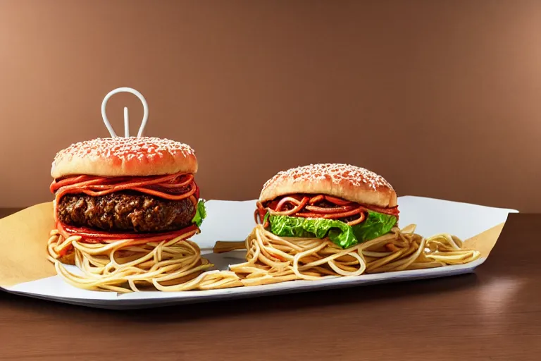 Image similar to spaghetti burger, commercial photography