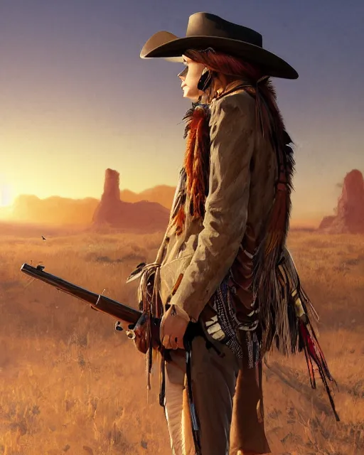 Image similar to the rifle, a gorgeous woman, a native American feather scarf, beige cowgirl hat, western jacket holding a Remington rifle and a bokeh western desert town background at sunset, highly detailed, concept art, hard light digital painting, artstation, concept art, sharp focus, illustration, inspired by greg rutkowski and Frederic Remington