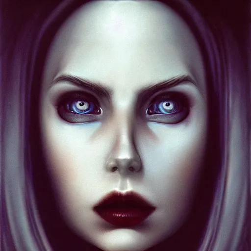Image similar to portrait of a lady vampire, 35mm, depth of field, DOF, ominous, realistic, unreal engine, artstation, Zdzisław Beksiński, irwin penn