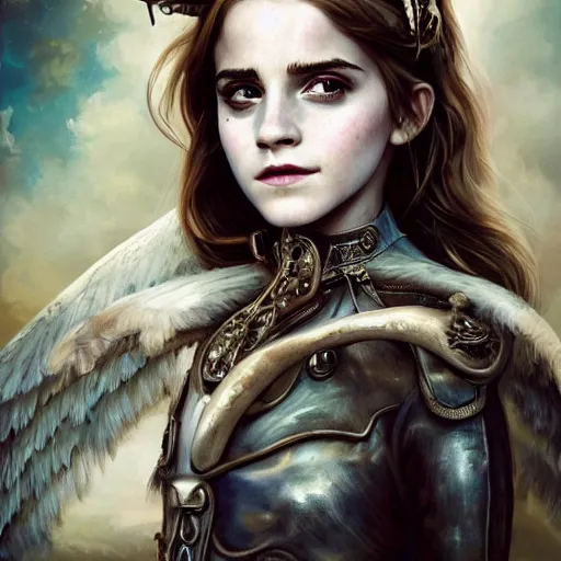 Prompt: A masterpiece ultrarealistic ultradetailed portrait of a Incredibly beautiful Emma Watson as angel princess with Royal Tevton Knight Skull Full Iron Closed Helmet with Big Iron Bull Horns . baroque renaissance girl in the night forest. medium shot, intricate, elegant, highly detailed. trending on artstation, digital art, by Stanley Artgerm Lau, WLOP, Rossdraws, James Jean, Andrei Riabovitchev, Marc Simonetti, Yoshitaka Amano. background by James Jean and Gustav Klimt, light by Julie Bell, 4k, porcelain skin.
