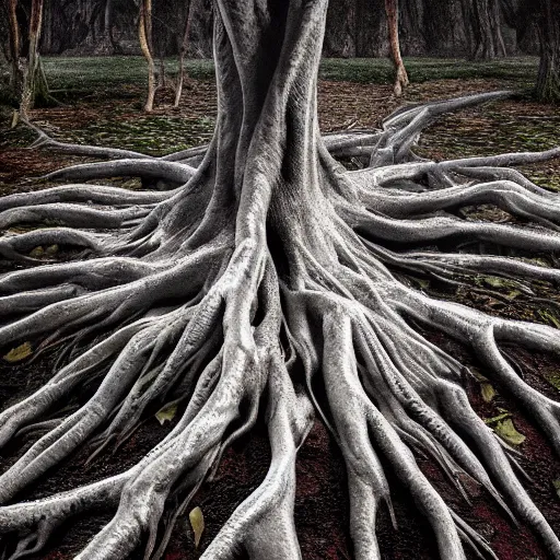 Prompt: full body pose, hyperrealistic photograph of roots of a tree made of bodies, dim volumetric lighting, 8 k, octane beautifully detailed render, extremely hyper detailed, intricate, epic composition, cinematic lighting, masterpiece, trending on artstation, very very detailed, stunning, hdr, smooth, sharp focus, high resolution, award, winning photo, dslr, 5 0 mm