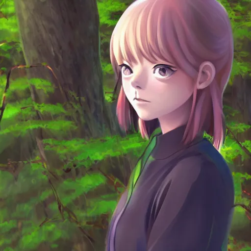 Prompt: portrait art of beautiful anime girl emma stone in summer adidas outfit, birch tree on background, art by studio ghibli, makoto shinkai, artstation, great rutkowski, perfect face, intricate details, 4 k