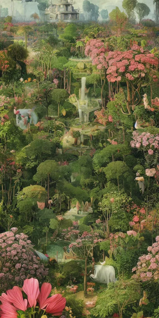 Prompt: bosch and beeple painting of a magnificent garden, incredible details