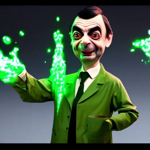 Image similar to mr. bean depicted as a mad scientist, wearing a lab coat, mixing green acids, digital art, trending on artstation and unreal engine