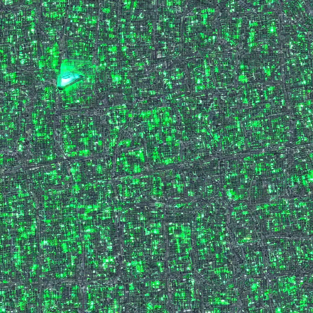 Image similar to satellite view imagery of advanced alien civilisation with large public transport. Green glowing factory. Extreme zoom, housed visible.