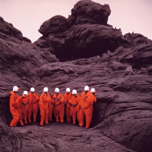 Prompt: wide - shot photo of a group of scientists in hazmat suits, studying a hell open rift portal, by shaun tan, codachrome, hellish, unsettling, otherworldly, smoke, machines, floating rocks, megalophobia, 8 k, hd, highly detailed,