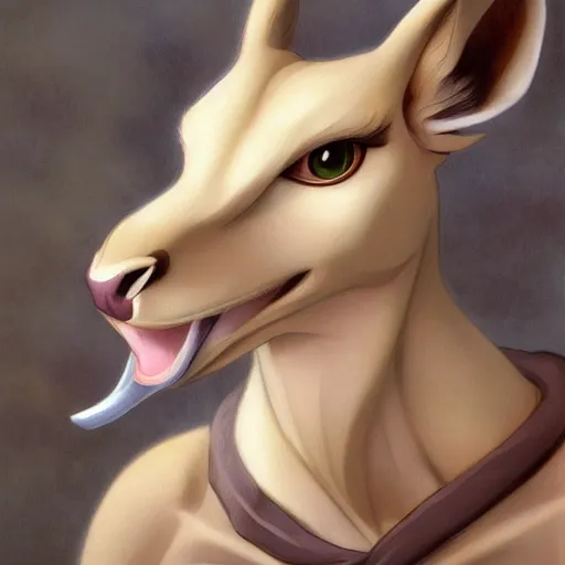 Image similar to a portrait of an anthropomorphic gazelle, furry fursona, in the style of william - adolphe bouguereau and hayao miyazaki and masamune shirow, extremely detailed, wlop