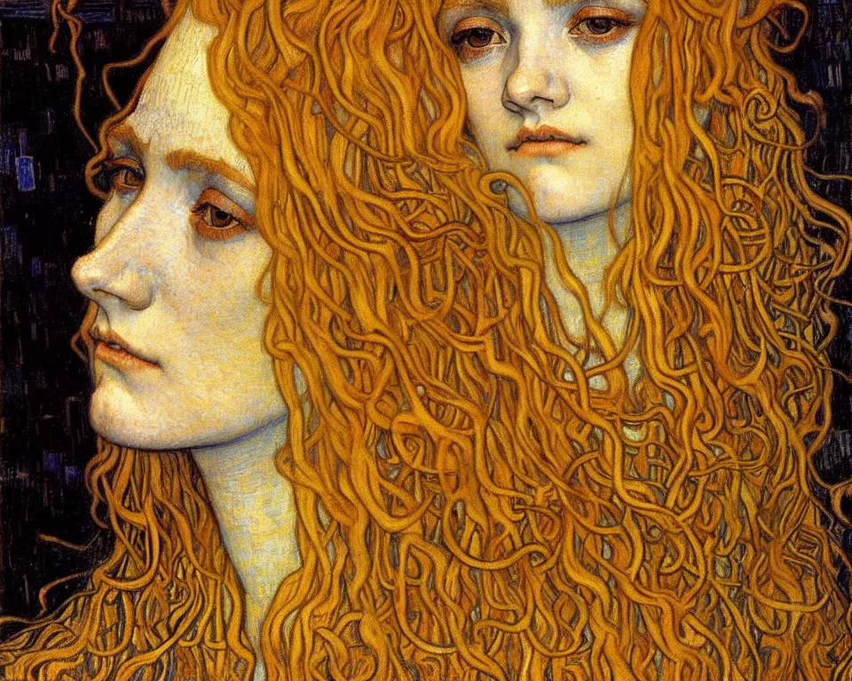 Image similar to detailed realistic beautiful young medieval queen face portrait by jean delville, gustav klimt and vincent van gogh, art nouveau, symbolist, visionary, gothic, pre - raphaelite, muted earthy colors, desaturated