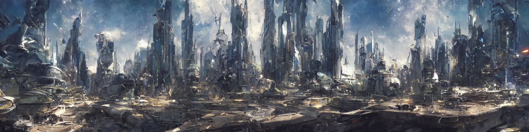 Prompt: gorgeous sci fi imagery | landing spot | futuristic | futurism | modern couple | futuristic cityscape in the background | medium angle | by john berkey, greg rutkowski, james gurney