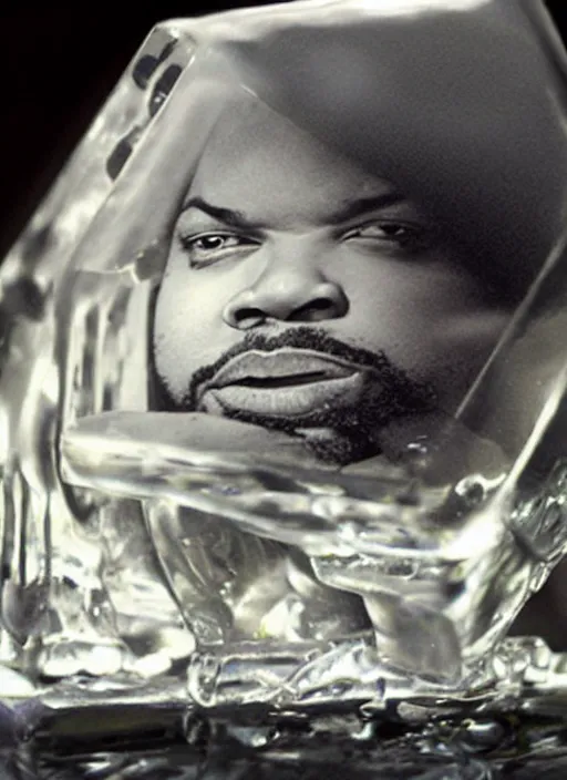 Prompt: the rapper'ice cube'inside an ice cube, photorealistic