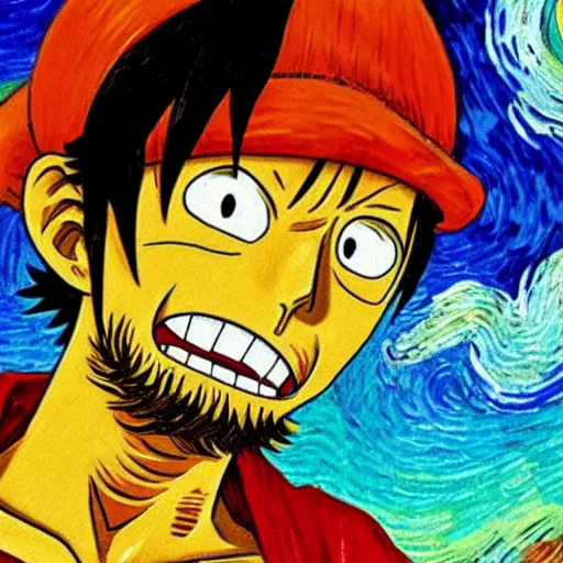 Prompt: Luffy from One Piece fist fights Jesus, in the style of a Van Gogh painting