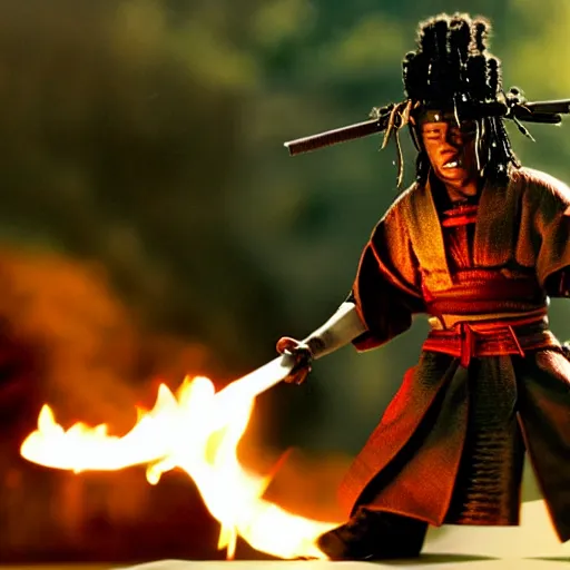 Image similar to cinematic film still Lil' Wayne starring as a Samurai holding fire, Japanese CGI, VFX, 2003, 400mm lens, f1.8, shallow depth of field,film photography