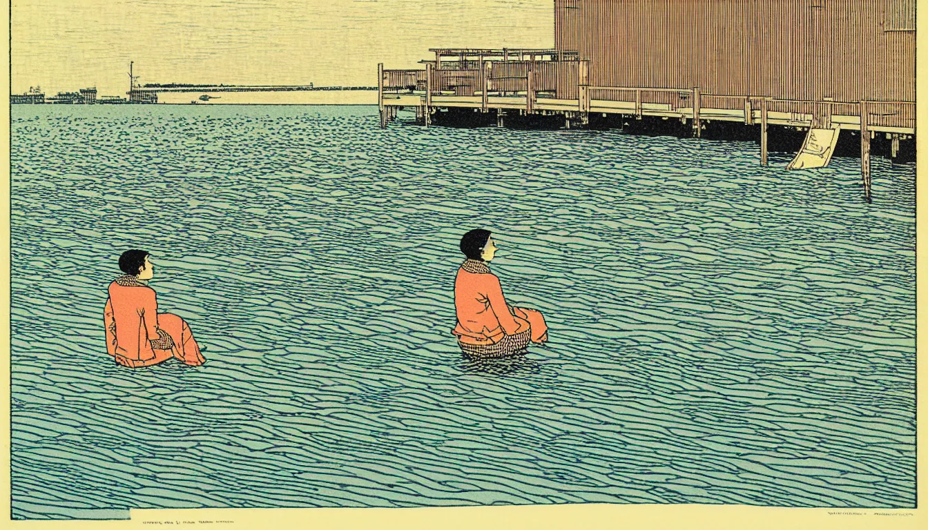 Image similar to sitting at the end of the dock by woodblock print, moebius