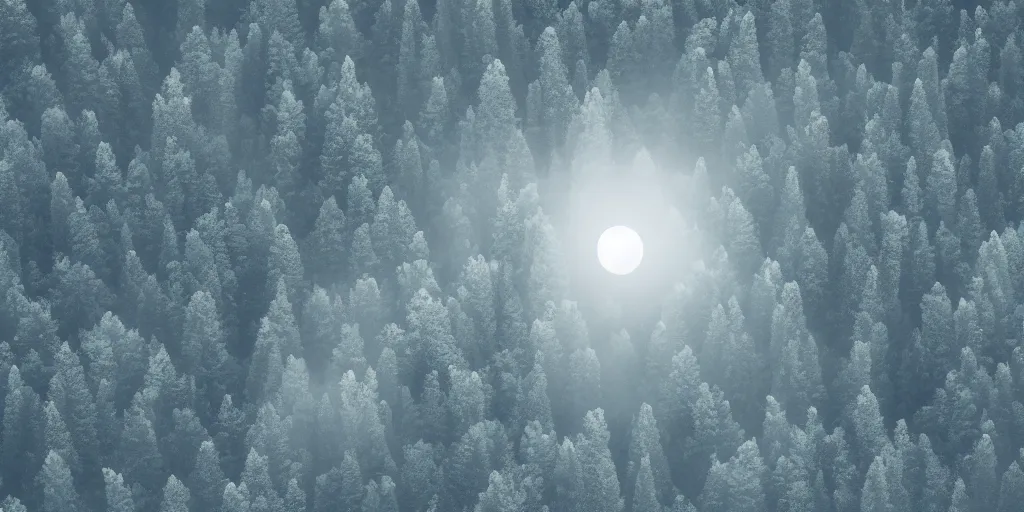 Prompt: moonlit night, forested mountains, cold light, dense forest, overhead view, fog, 2 d disney cartoon style