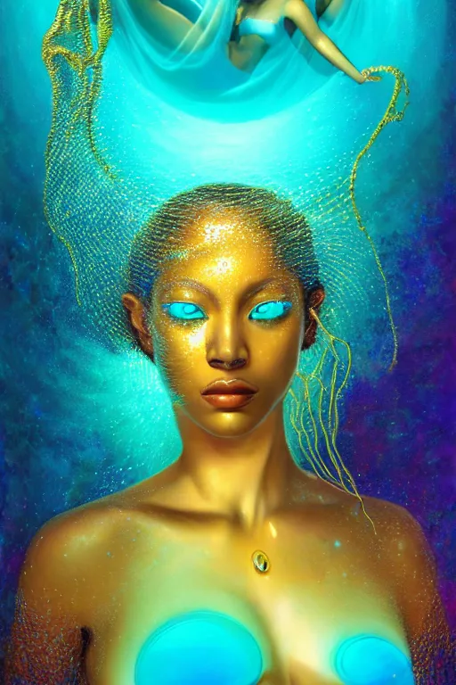 Prompt: hyperrealistic futurist full body cinematic very expressive! translucent oshun goddess underwater scene, gold jewerly, highly detailed face, digital art masterpiece, smooth eric zener cam de leon, dramatic pearlescent turquoise light on one side, low angle uhd 8 k, shallow depth of field