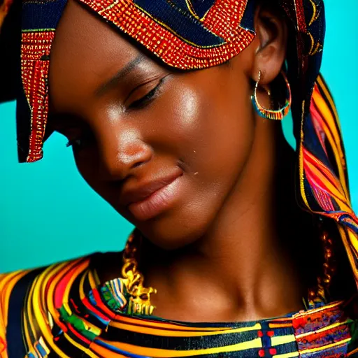 Image similar to african fashion model wearing tribal clothing close up heavy bokeh looking to lens