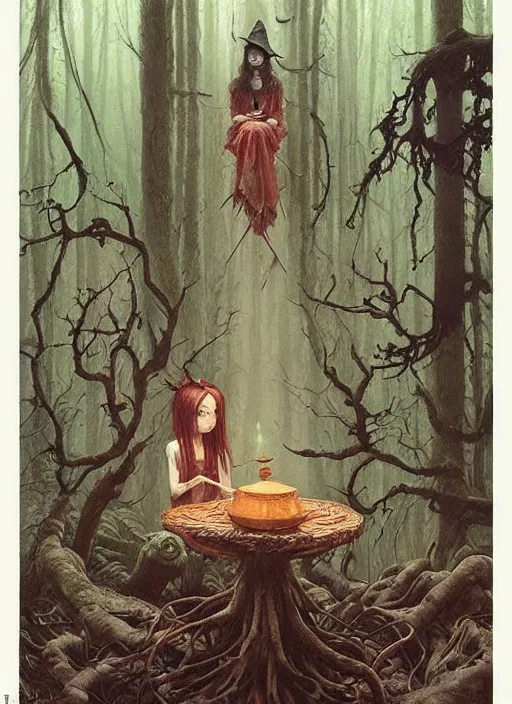 Image similar to witch having tea at a shrine in the woods gorgeous lighting, lush forest foliage a hyper realistic painting by chiara bautista and beksinski and norman rockwell and greg rutkowski weta studio, and lucasfilm