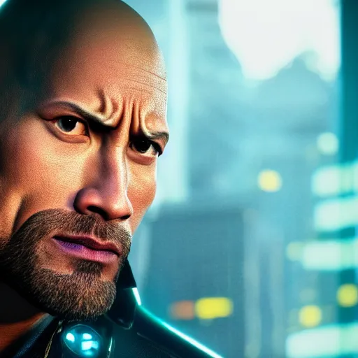 Prompt: dwayne johnson portrait, cyberpunk 2 0 7 7, photorealistic, ultra detailed, neon, octane, bokeh, cinematic lighting, cyber, cyberpunk city, studio quality, feature, scars, cyberface, 8 k