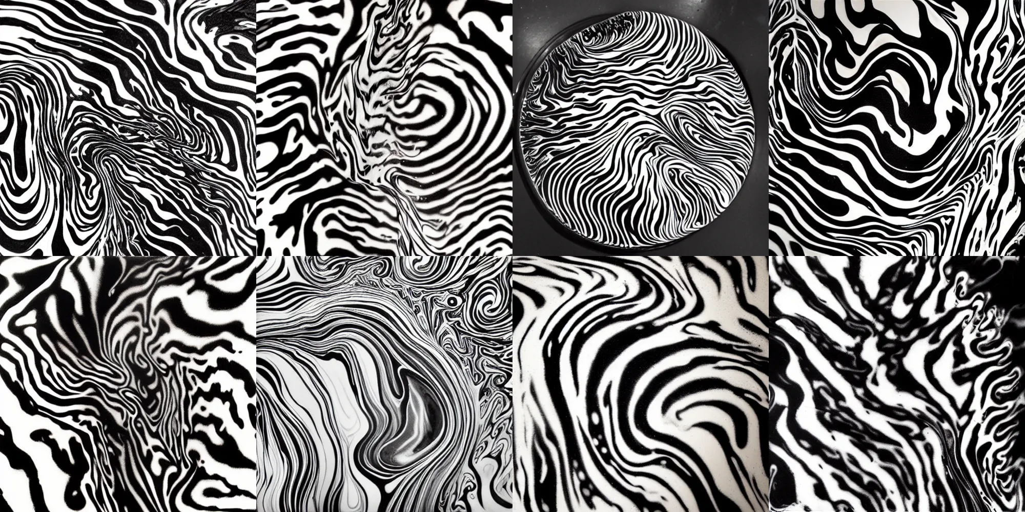Prompt: latte art, reaction diffusion, water, abstract, liquid, swirly, black and white tiger, ink, latte art, by james jean
