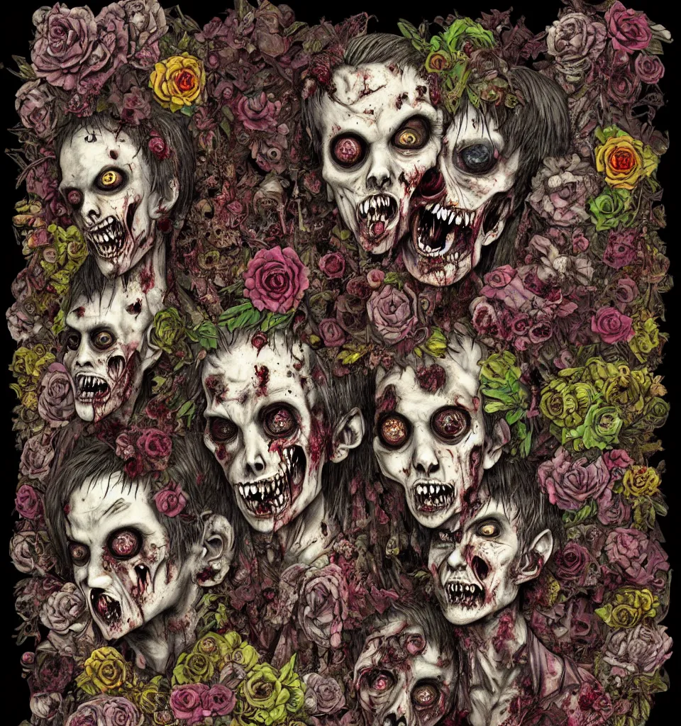 Image similar to zombie, punk rock, young male, grotesque, grotto, multicolored faces, fruit and flowers, gemstones for eyes, botanical, vanitas, sculptural, cartoon style, baroque, rococo, intricate detail, spiral, ornamental, kaleidoscopic, soft, atmospheric, frank frazetta