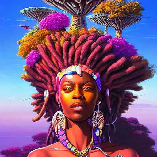 Prompt: a very regal african cyberpunk queen with colorful! dreadlocks and lots of jewlery sitting on a cliff overlooking a field of colorful flowers with a giant glowing baobab tree in the middle, it is sunset, by greg rutkowski and android jones and Alena Aenami in a surreal cyberpunk! style, oil on canvas, highly detailed face, 8k hd,