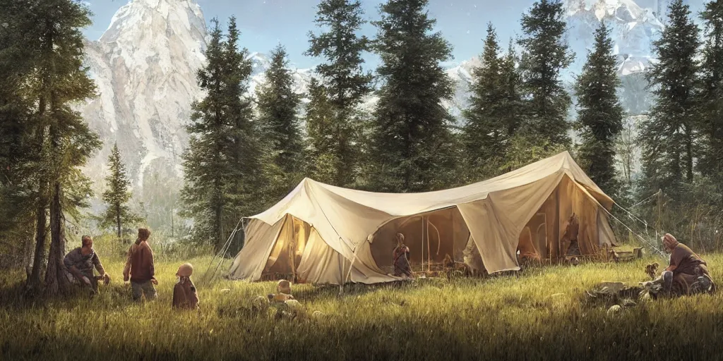 Image similar to cabela's tent fabric shelled pop up family dwelling unit, cabin, modular, person in foreground, mountainous forested wilderness open fields, beautiful views, painterly concept art, joanna gaines, environmental concept art, farmhouse, magnolia, concept art illustration by ross tran, james gurney, by craig mullins, by greg rutkowski