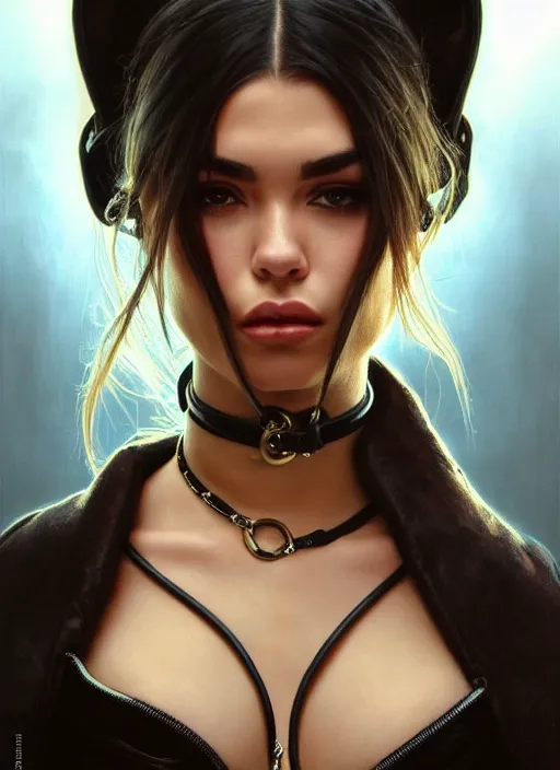 Image similar to portrait of madison beer as a sultry domina, collar and leash, leather, greek, intricate, headshot, madison beer face, highly detailed, digital painting, artstation, concept art, sharp focus, cinematic lighting, illustration, art by artgerm and greg rutkowski, alphonse mucha, cgsociety