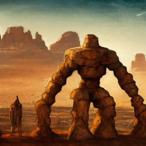 Prompt: panorama of giant stone golem carrying a city on its back walking through a desert, oil painting, by greg rutkowski