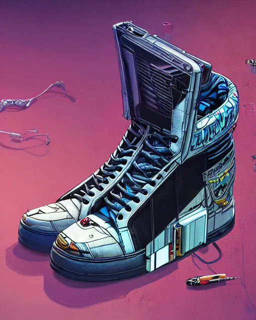 Prompt: an anthropomorphic cyberpunk futuristic sneaker by sandra chevrier, by jon foster, detailed render, cybernetics, 4 k realistic, fender stratocaster, cryengine, realistic shaded lighting, sharp focus, masterpiece, by enki bilal