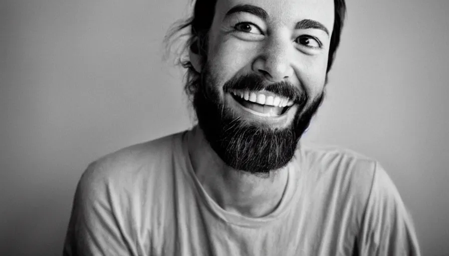 Image similar to far view, extremely skinny malnourished jimmy fallon with long beard, wearing dirty overalls, dirty greasy face, grin, portrait, close up, kodak gold 2 0 0, 5 0 mm,