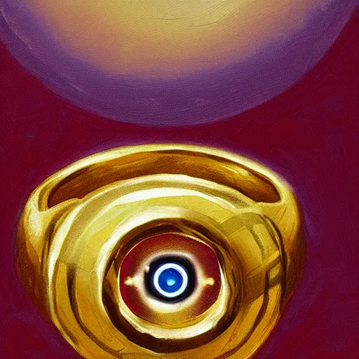 Image similar to a dnd golden wedding ring with three small glowing orbs in the center of its face, oil painting