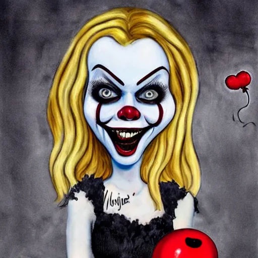 Image similar to grunge cartoon painting of margot robbie with a wide smile and a red balloon by chris leib, loony toons style, pennywise style, corpse bride style, horror theme, detailed, elegant, intricate