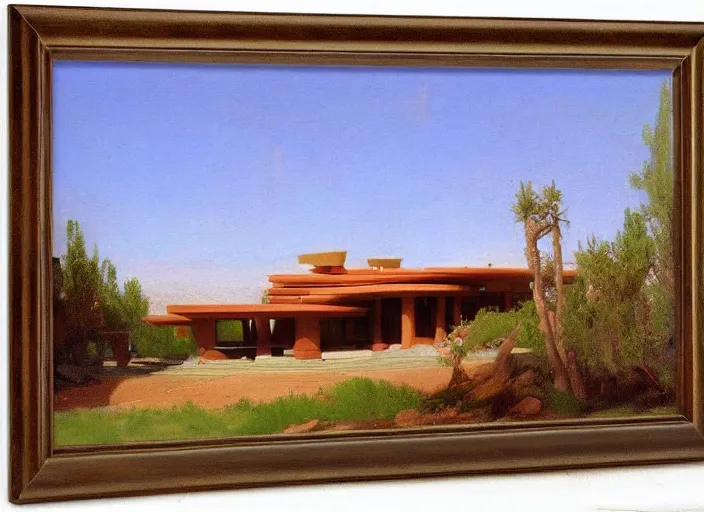 Image similar to painting of a frank lloyd wright house in the california desert by albert bierstadt