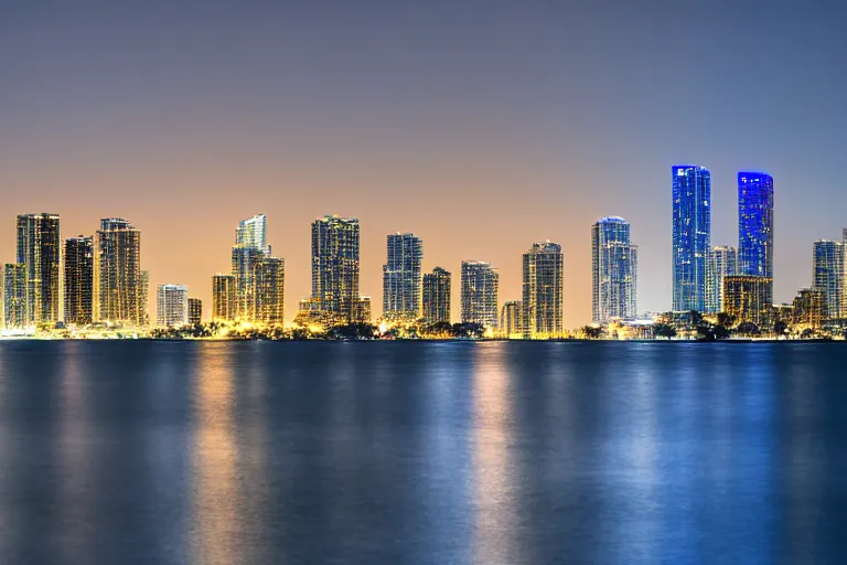 Prompt: beautiful nighttime landscape photography of Miami Florida skyline with a crystal blue ocean water, serene, dramatic lighting.