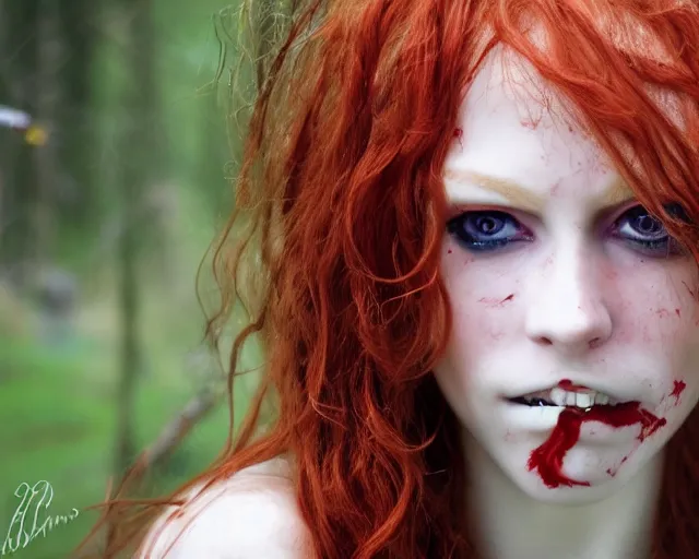 Prompt: award winning 5 5 mm close up face portrait photo of an anesthetic and beautiful redhead vampire elf lady who looks directly at the camera with bloodred wavy hair, intricate eyes that look like gems and long sharp fangs, in a park by luis royo. rule of thirds.