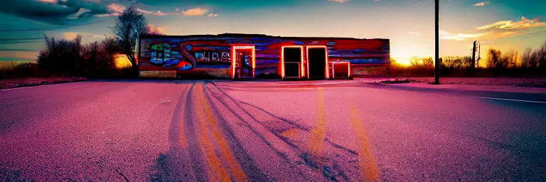 Image similar to a sunset light landscape with historical route 6 6, lots of sparkling details and sun ray ’ s, blinding backlight, smoke, volumetric lighting, colorful, octane, 3 5 mm, abandoned gas station, old rusty pickup - truck, beautiful epic colored reflections, very colorful heavenly, softlight